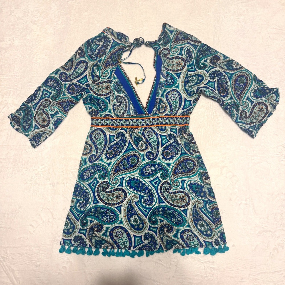 Trina Turk Swim Cover Up Paisley Tassel Blue Womens M Boho Resort Beachwear - Picture 2 of 3